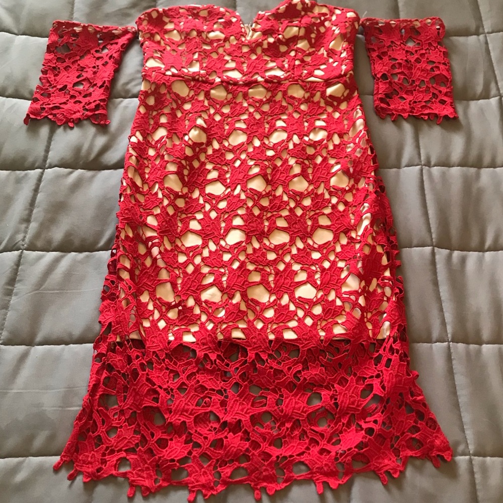 Forever21 contemporary red lace dress w/ tan slip